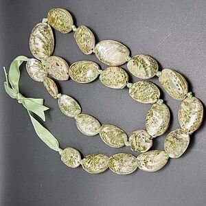 Genuine Hawaiian Green Paua Abalone Shell Lei Ribbon Tie Statement 34" Necklace